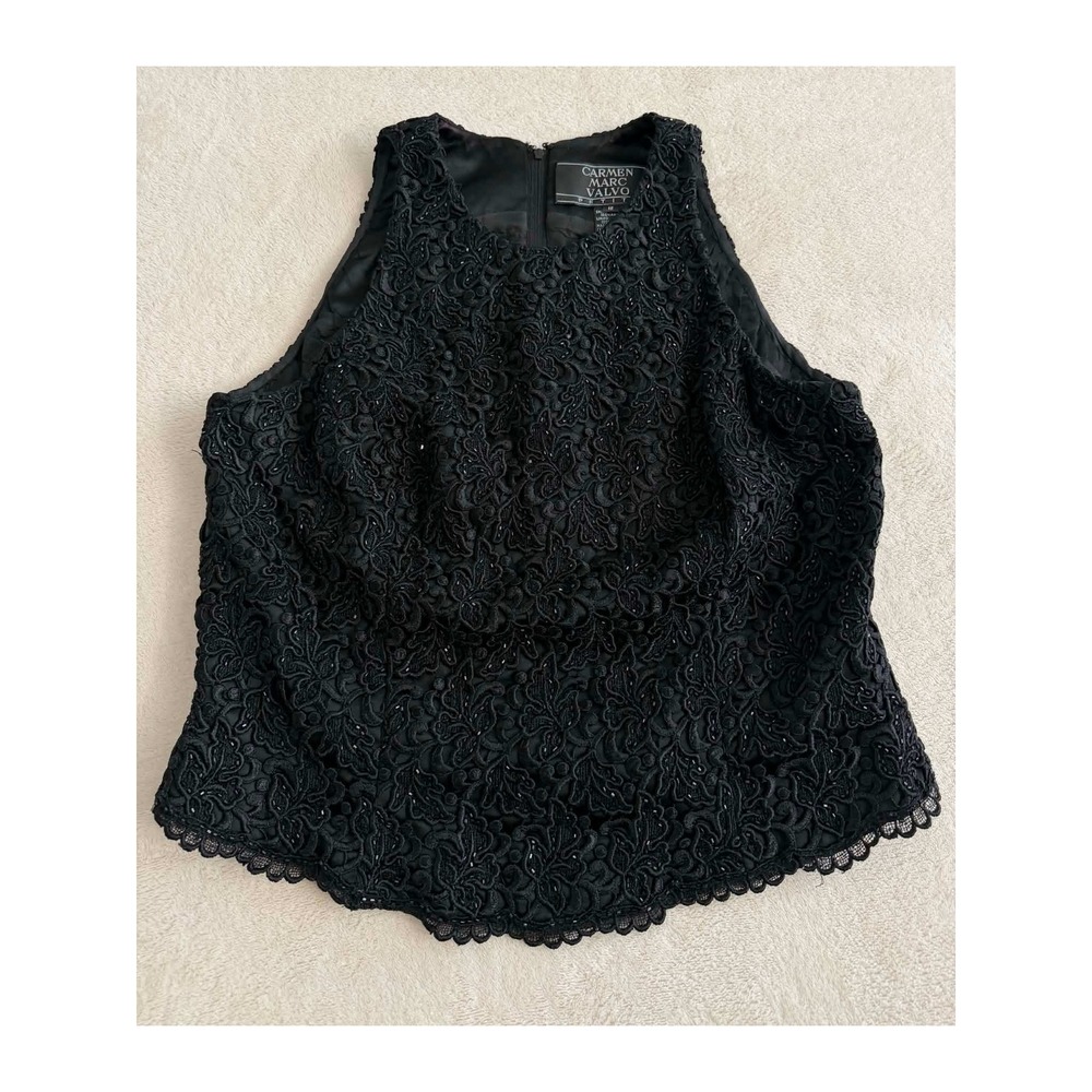 Vtg Carmen Marc Valvo Womens 12P Black Lace Top Beaded Sleeveless Formal Blouse